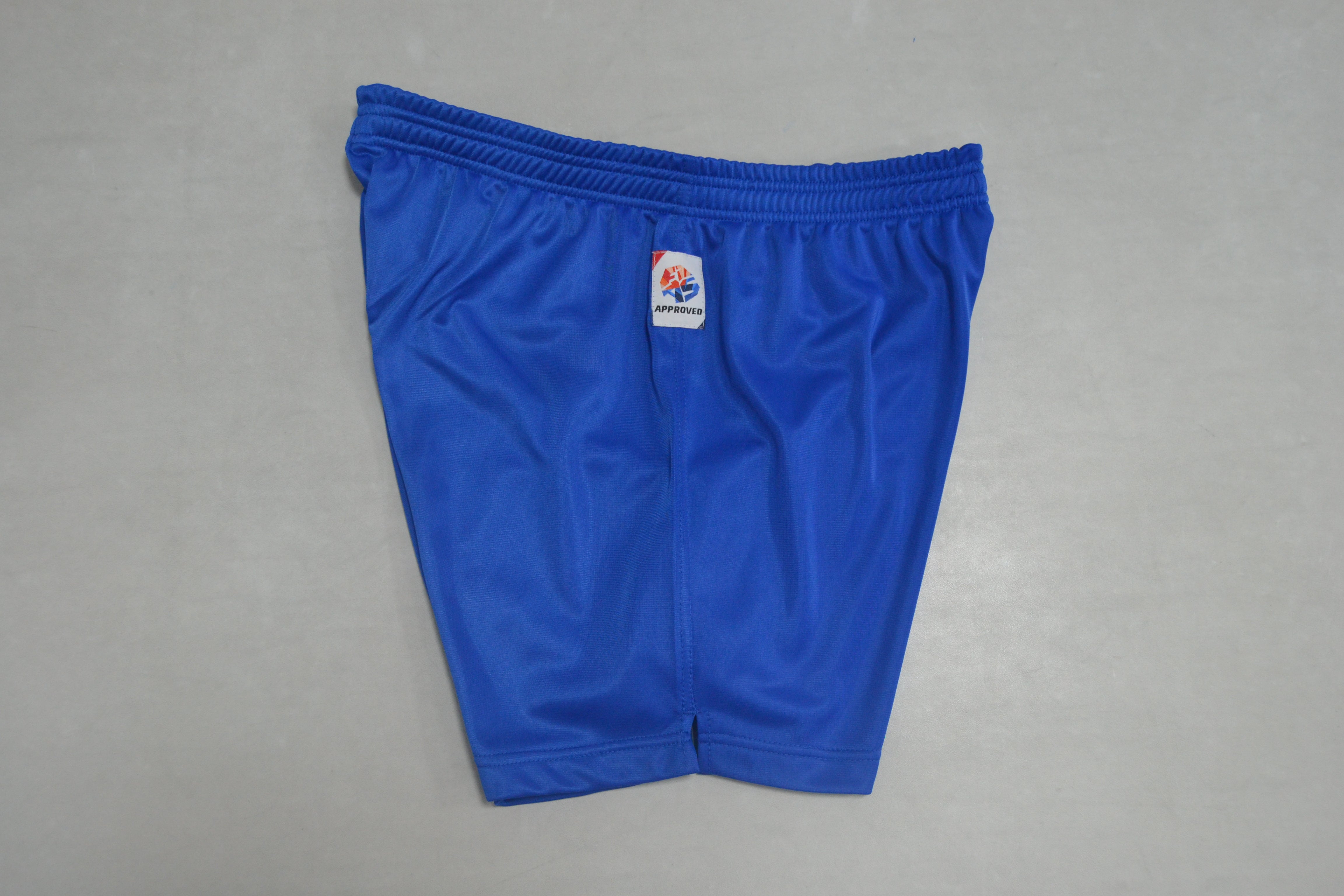 FIAS Sambo Shorts Blue featuring an elastic waistband and a small logo tag at the center front, displayed on a plain light gray surface.