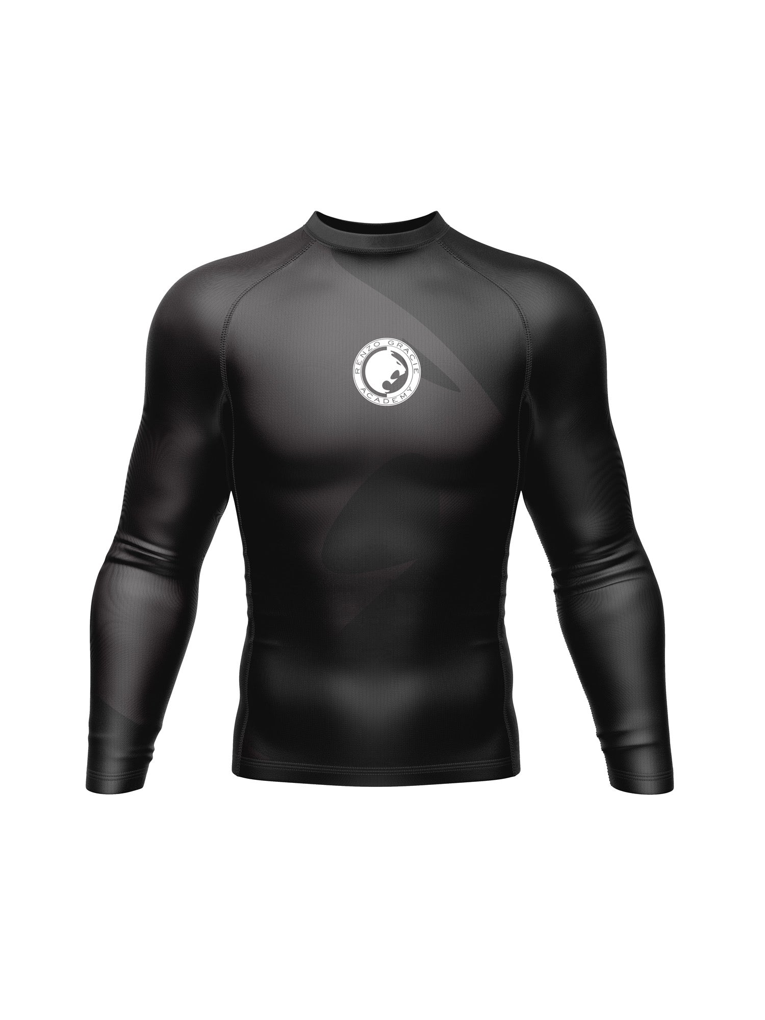 The Renzo Gracie Youth Standard 2.0 Long Sleeve Rashguard in black features a small white circular chest logo and is shown on a plain white background.