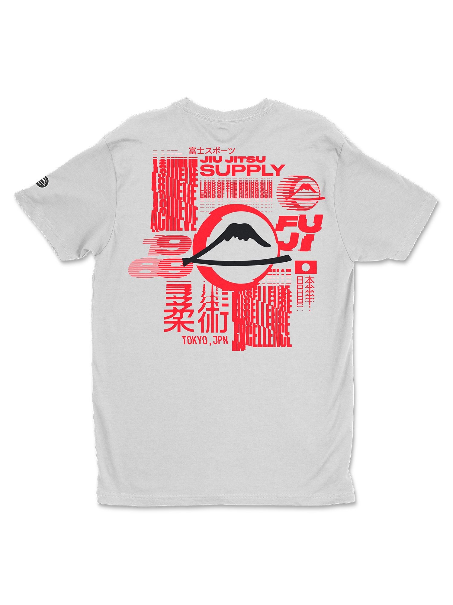 The Jiu Jitsu Supply Shirt Heather White is a white tee with bold red and black graphics on the back, including a stylized mountain, Japanese text, and phrases like Tokyo, Japan, Supply, and Jiu Jitsu in an abstract layout.