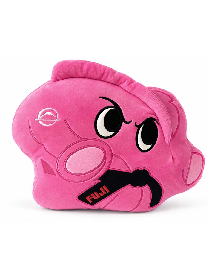 Pochi Piro Pillow Pink, a plush pink pillow shaped like a cartoon character wearing a black karate belt with the word FUJI embroidered on it.