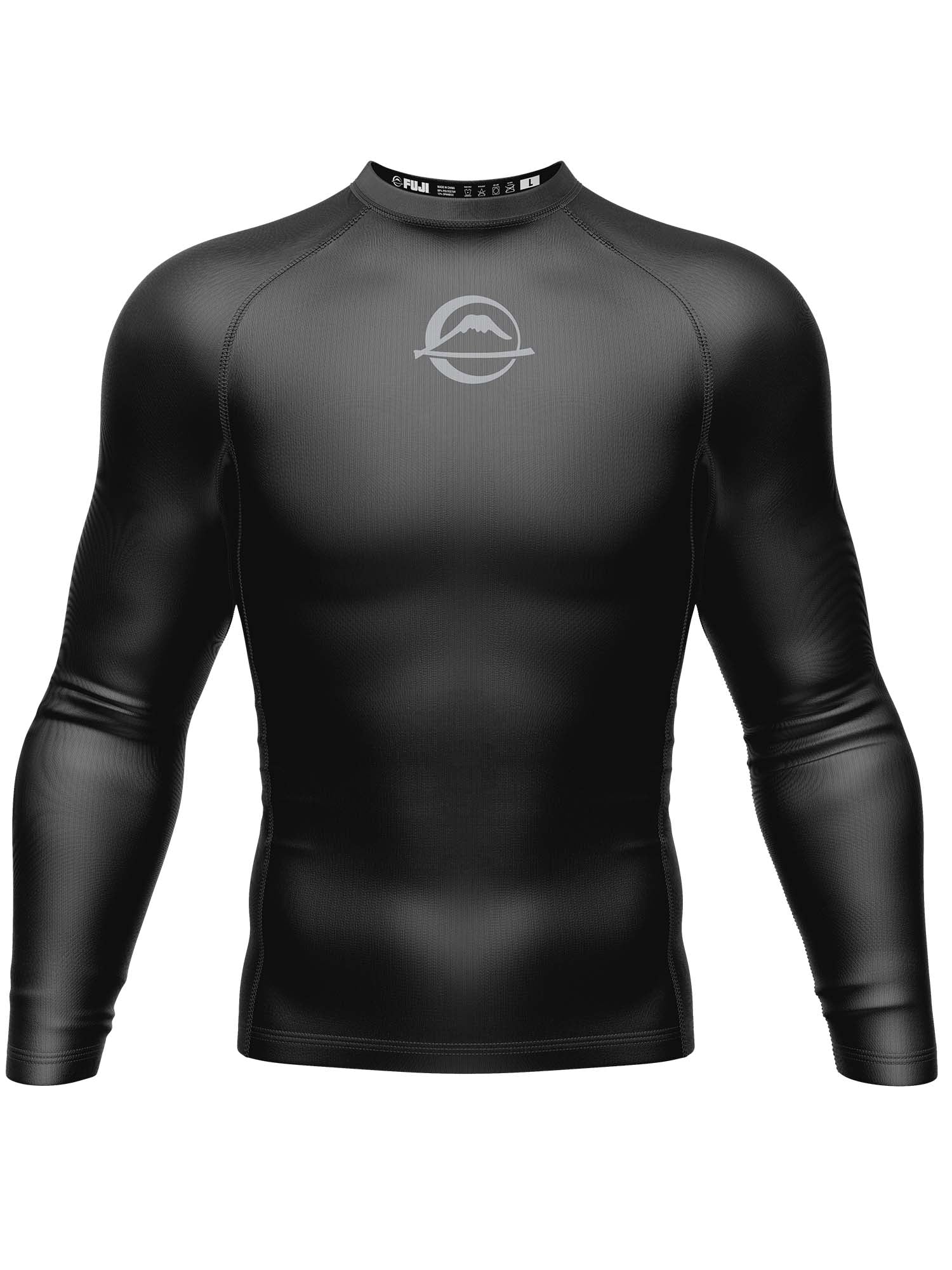 The Baseline Ranked Long Sleeve Rashguard Black is a seamless, black, form-fitting athletic shirt with long sleeves, a round neck, and a white chest logo, shown against a white background.