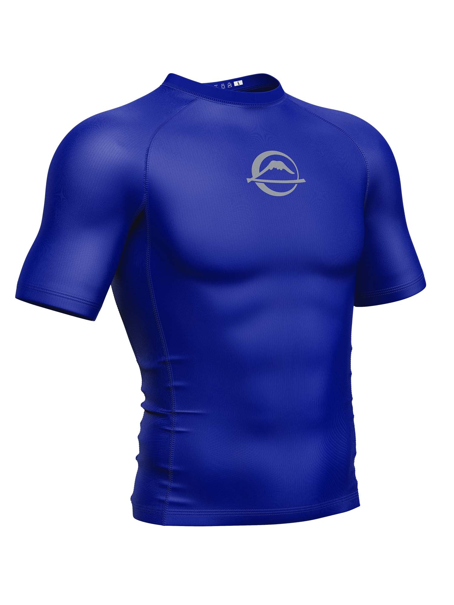 The Baseline Ranked Short Sleeve Rashguard Blue is a blue athletic compression shirt with short sleeves and a small white mountain logo on the upper chest, shown on a white background.