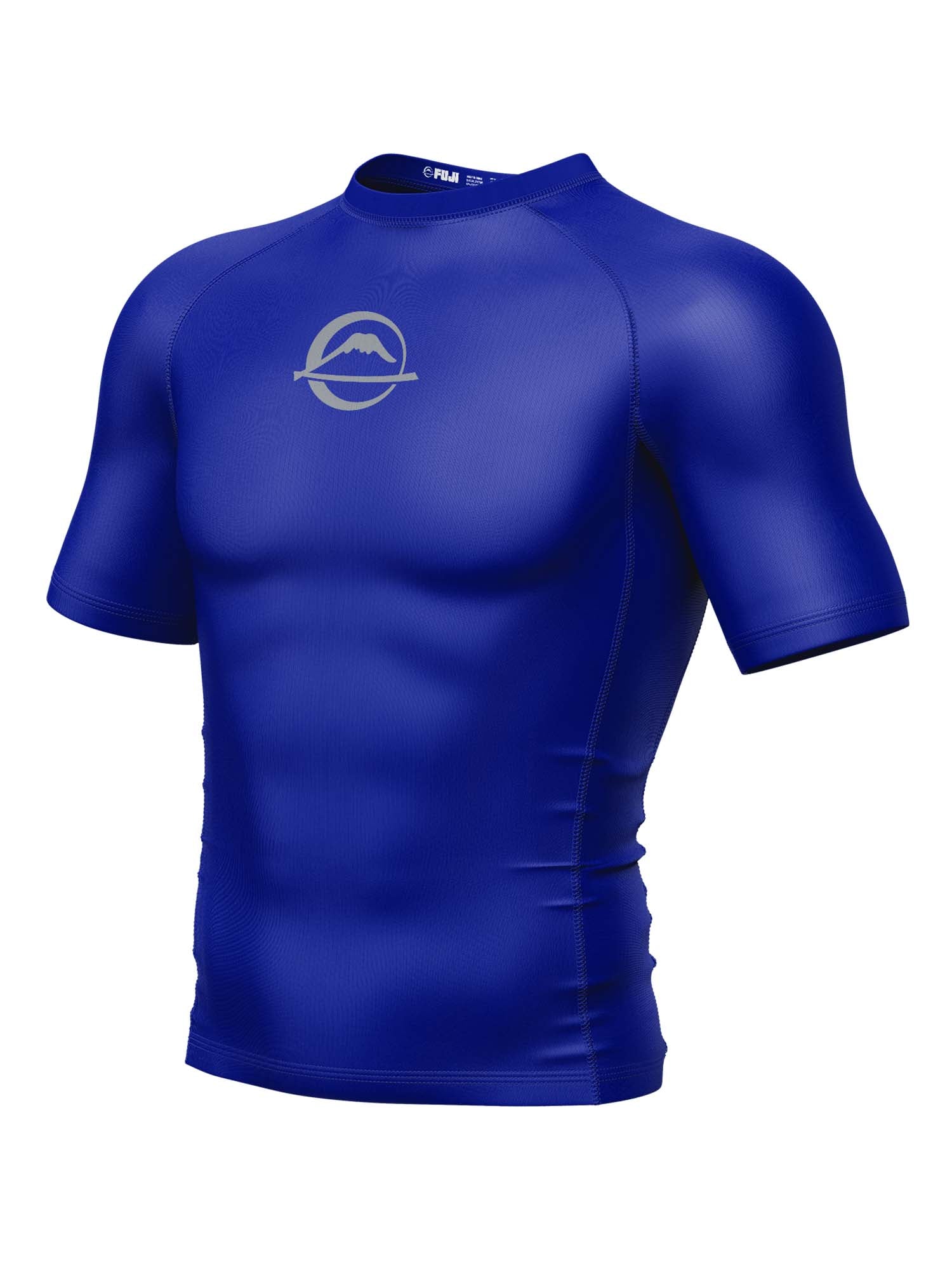 The Baseline Ranked Short Sleeve Rashguard Blue, shown on a featureless mannequin, features short sleeves and a subtle white mountain logo on the chest.