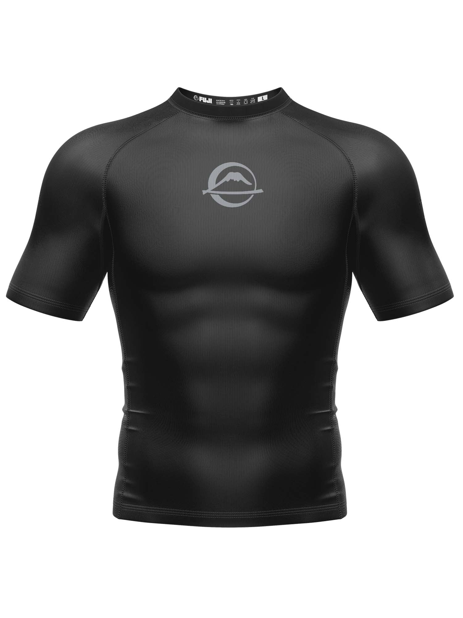 The Baseline Ranked Short Sleeve Rashguard Black is shown on a white background, featuring short sleeves, a round neckline, and a gray circular mountain logo on the chest.