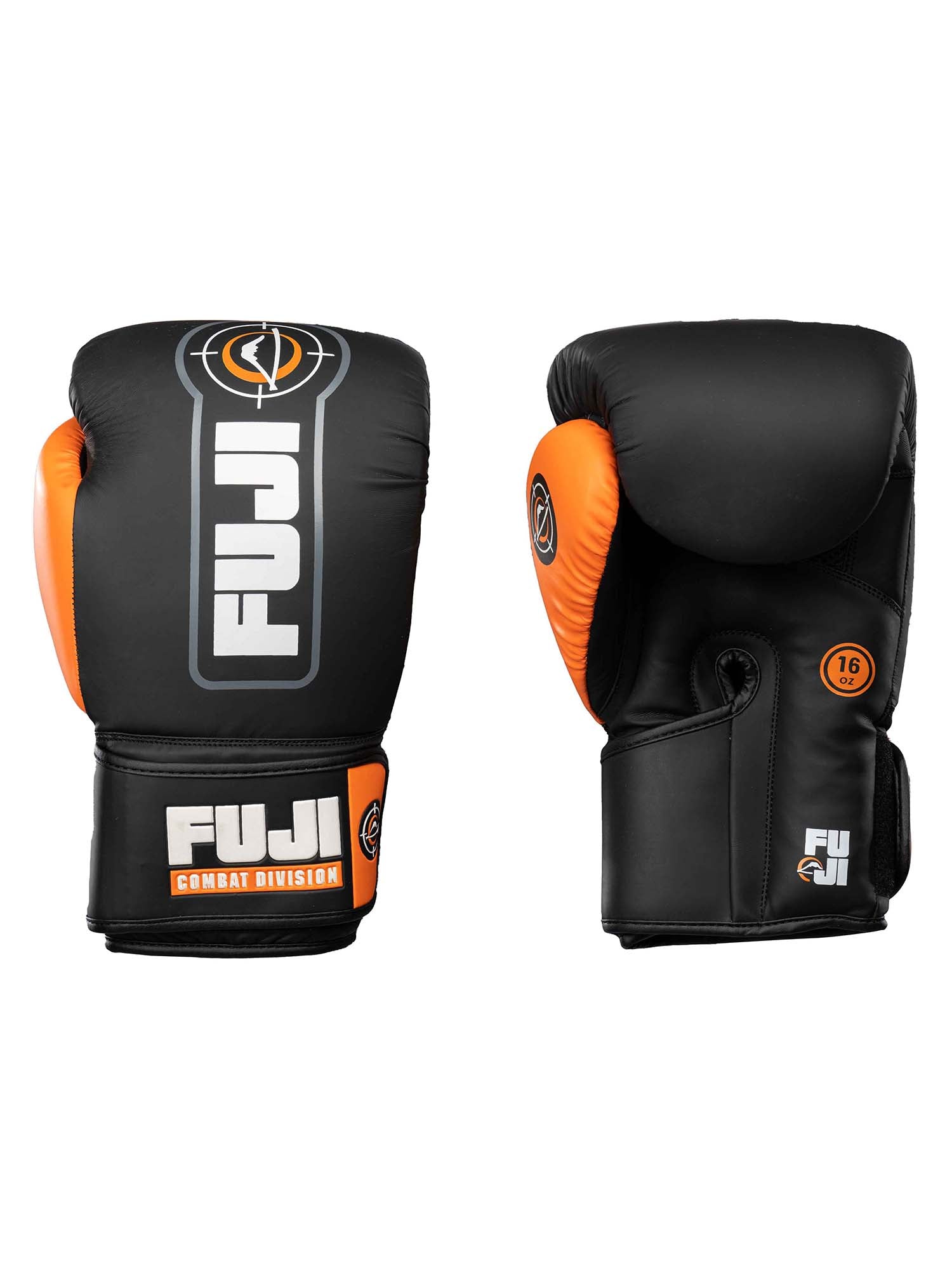 Two Precision Boxing Gloves Orange are shown—one palm out, one palm in—displaying the FUJI logo and Combat Division label on the wrist straps.