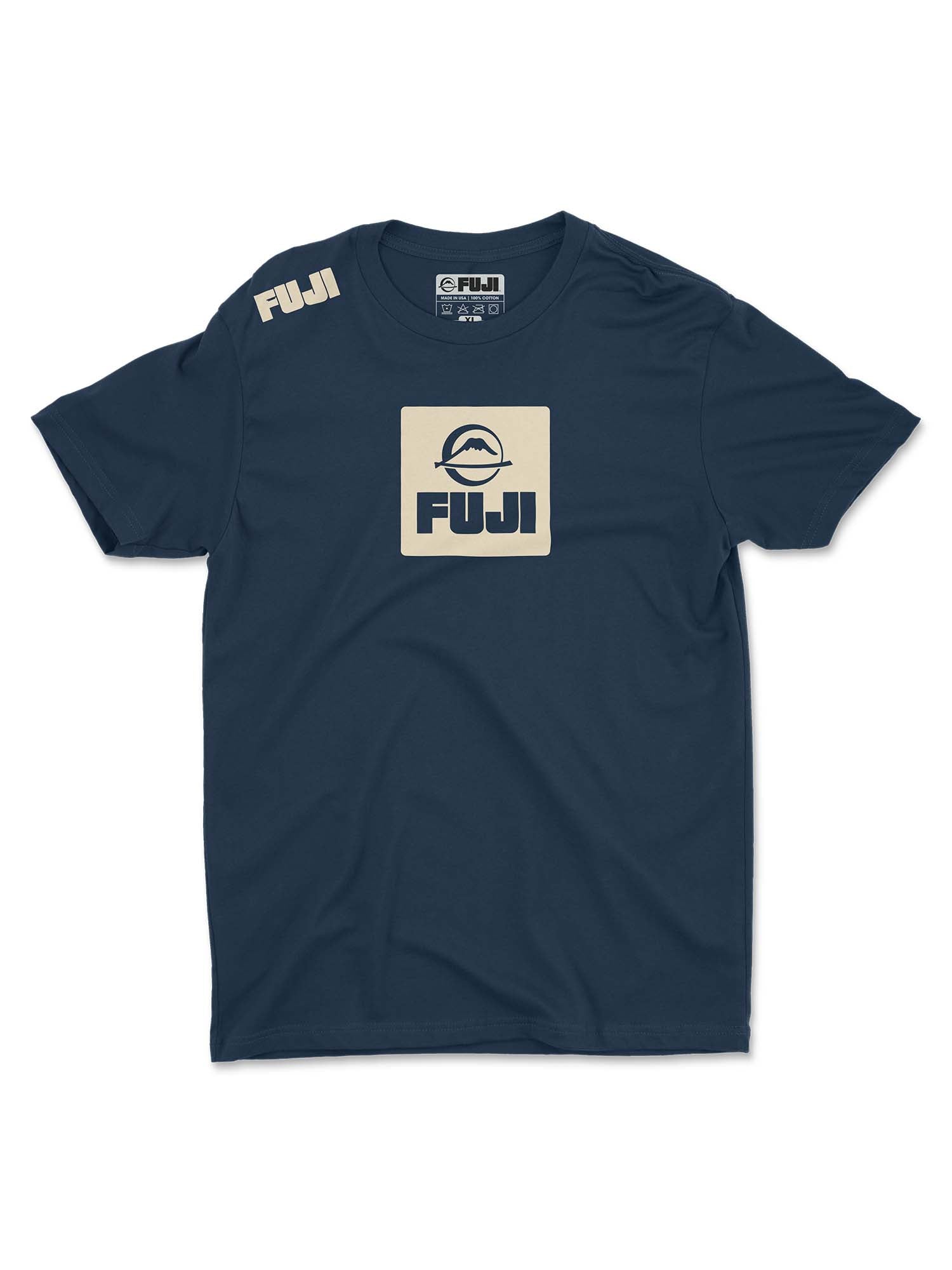 The Elevate Your Journey Shirt Navy features a beige mountain graphic and the word FUJI in a square on the chest, with FUJI also printed in beige on the left shoulder.