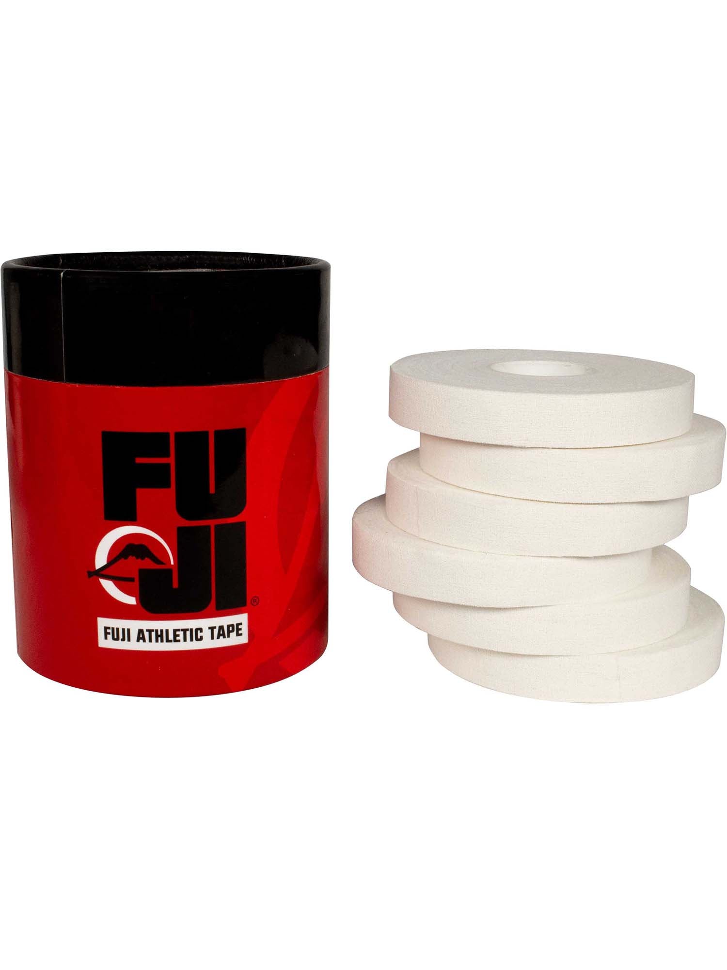 A red and black container labeled Finger Tape (6 Count) sits next to four rolls of white athletic tape stacked on their sides.