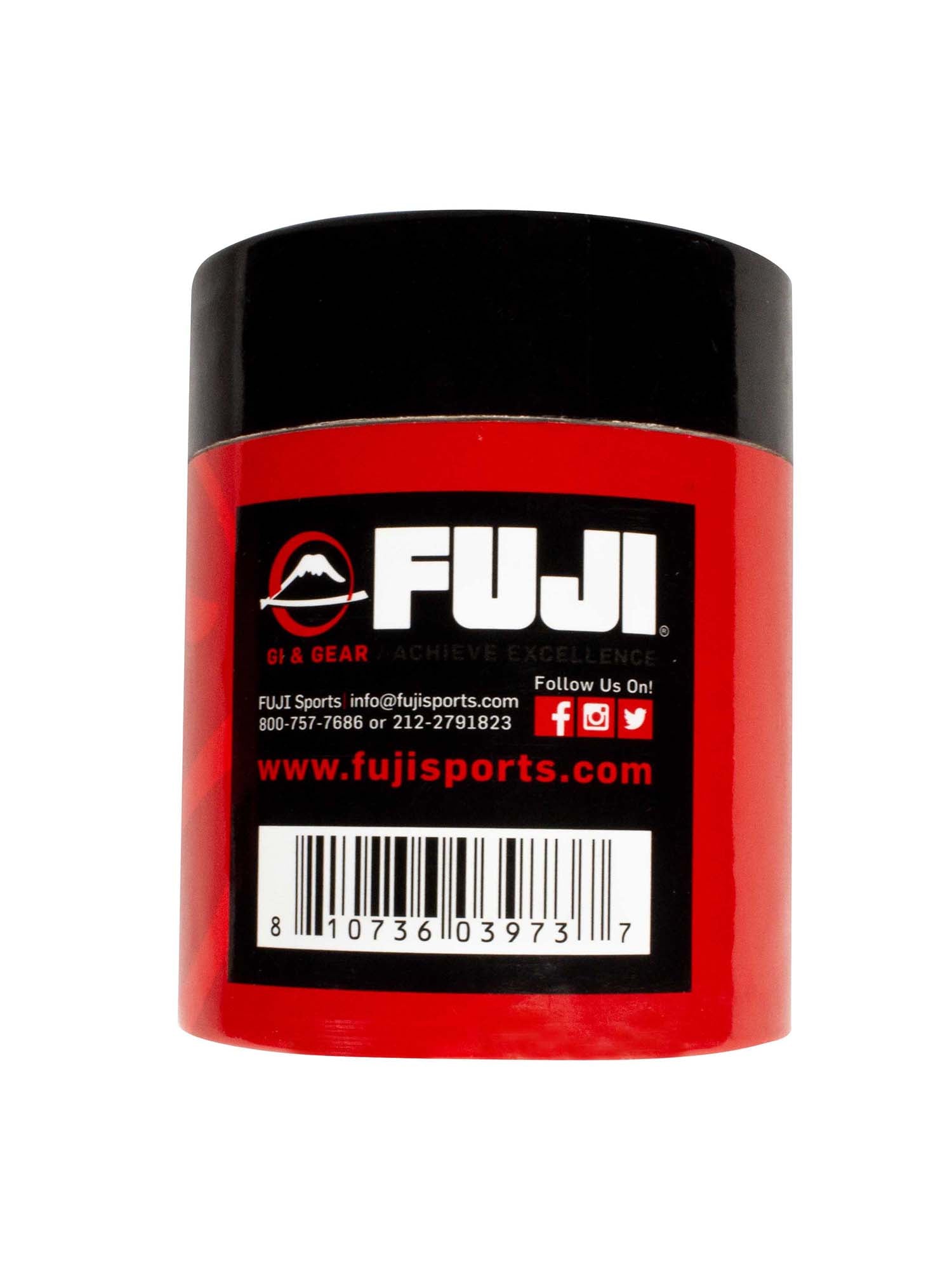 A red and black cylindrical container labeled FUJI displays contact info, website, and a barcode. The product is FUJI Finger Tape (6 Count), designed for sports or athletic use.