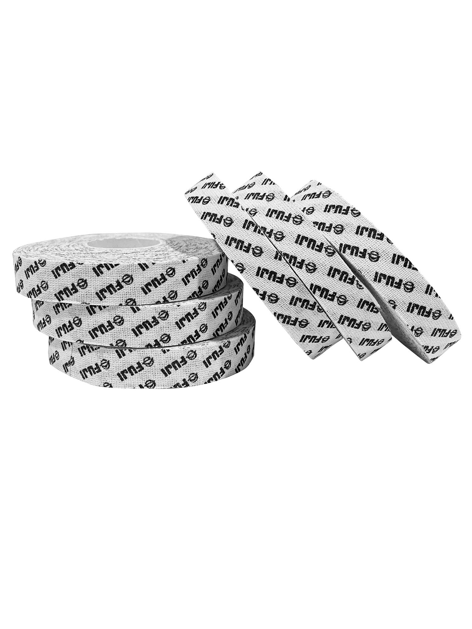 Five rolls of Step & Repeat FUJI Finger Tape, featuring repeated "FRUJI" text in black on white tape; three rolls stacked flat on the left, two tilted and leaning on the right.