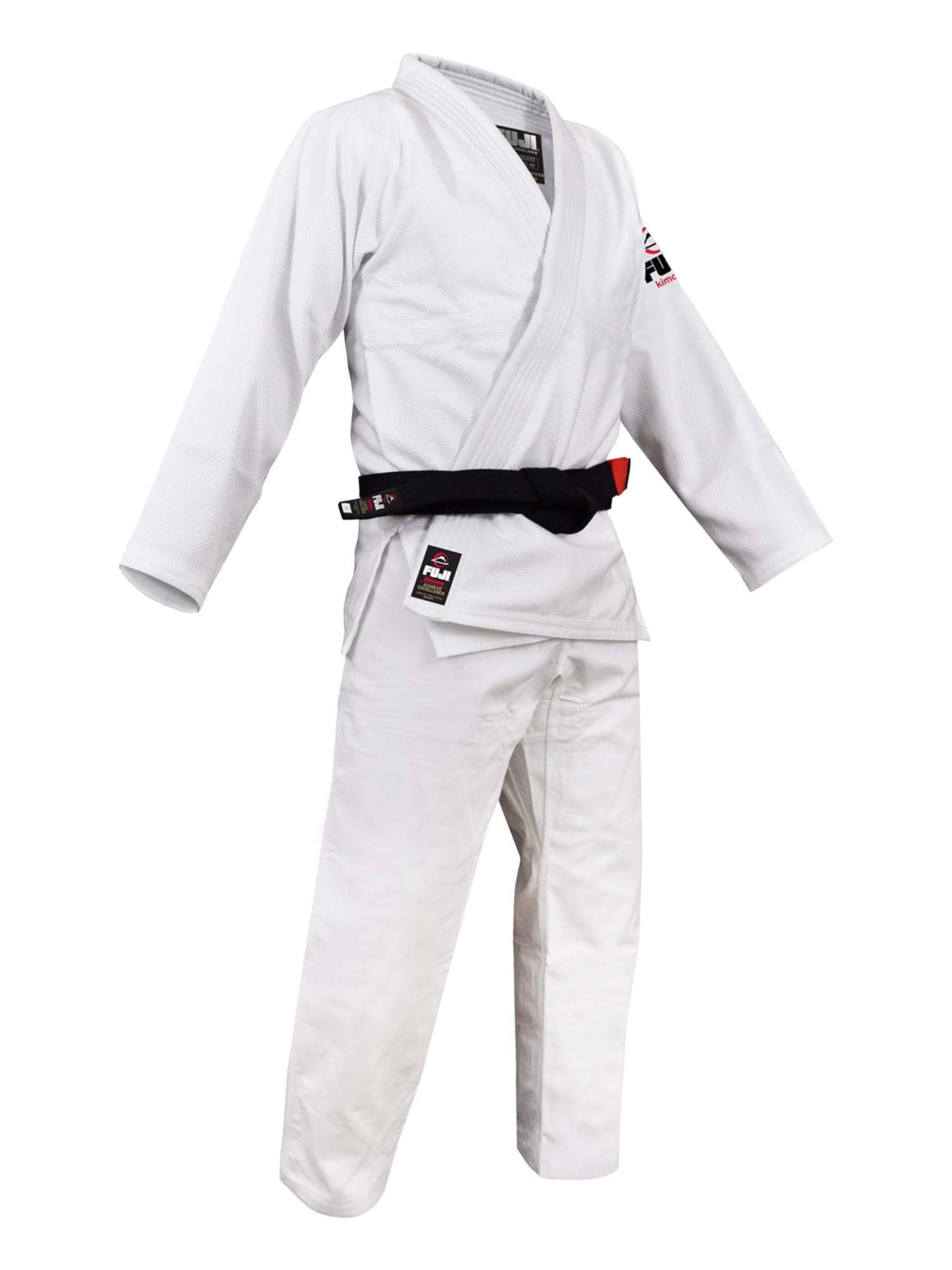 The All Around BJJ Gi White with a black belt is displayed on an invisible mannequin against a white background.