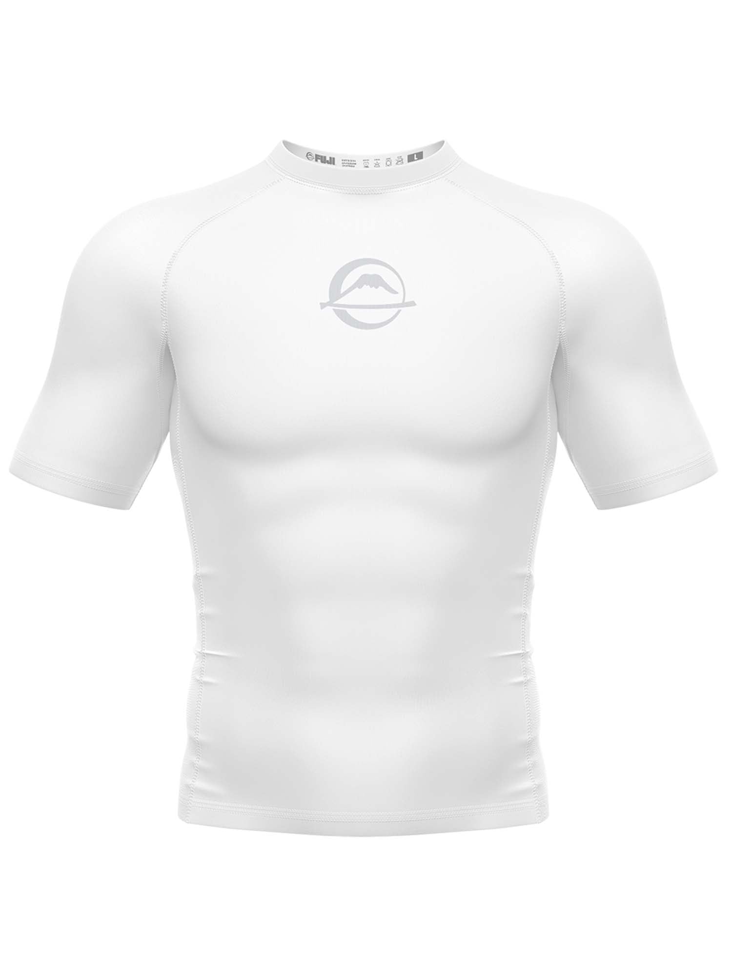 The Baseline Ranked Short Sleeve Rashguard White is a fitted, white athletic shirt with short sleeves, a round neckline, and a subtle mountain logo on the chest, shown against a plain white background.