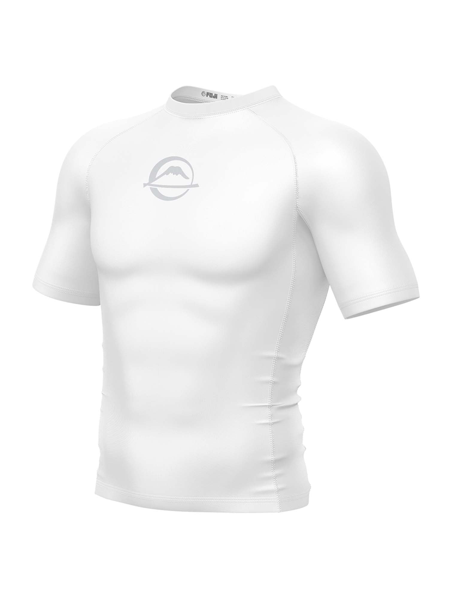 The Baseline Ranked Short Sleeve Rashguard White is shown on a plain background, featuring a subtle mountain and curved line logo on the chest.