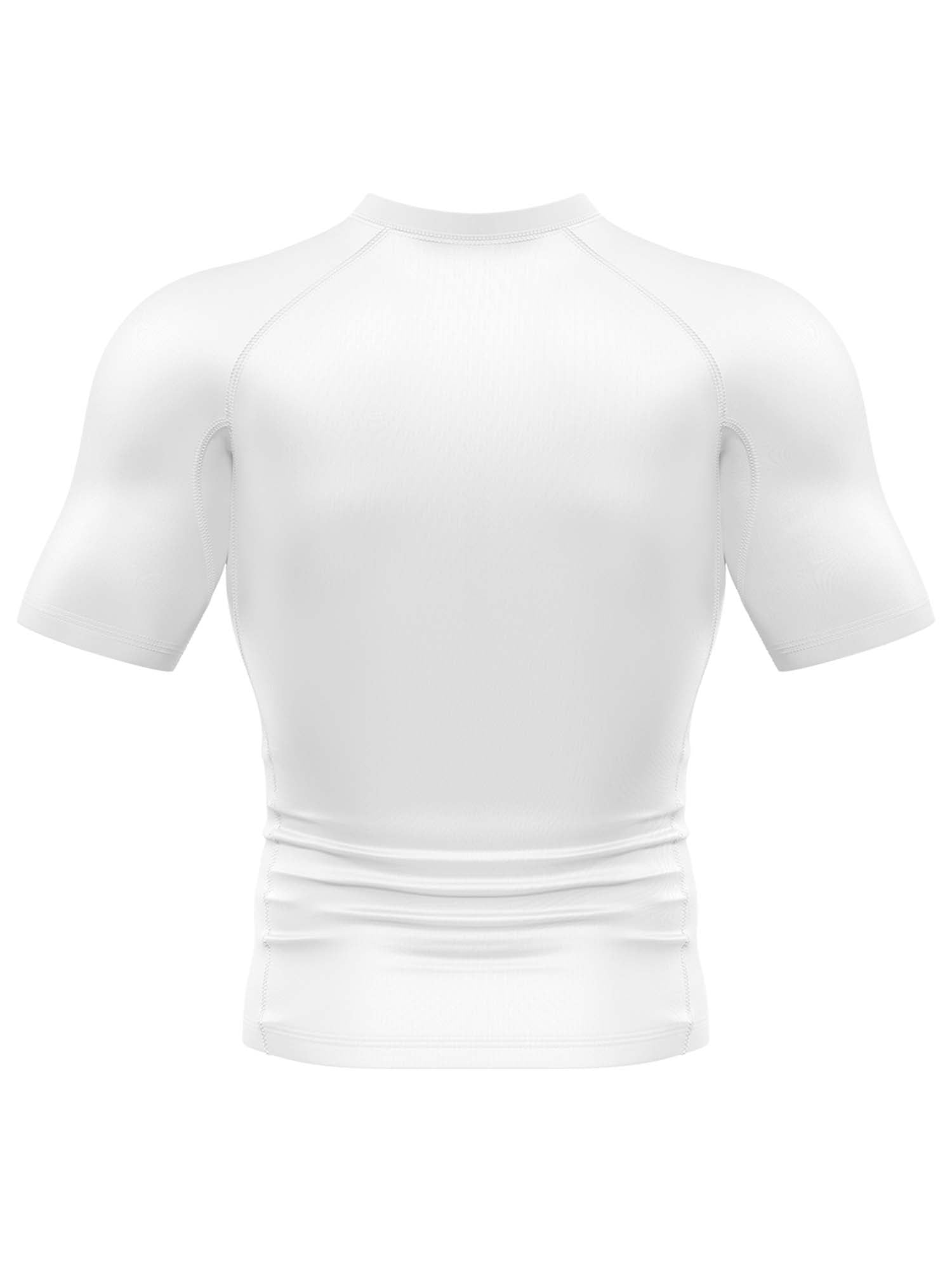 The Baseline Ranked Short Sleeve Rashguard White is a fitted, plain white athletic shirt with short sleeves, seen from the back, featuring a seamless design and subtle folds at the waist.