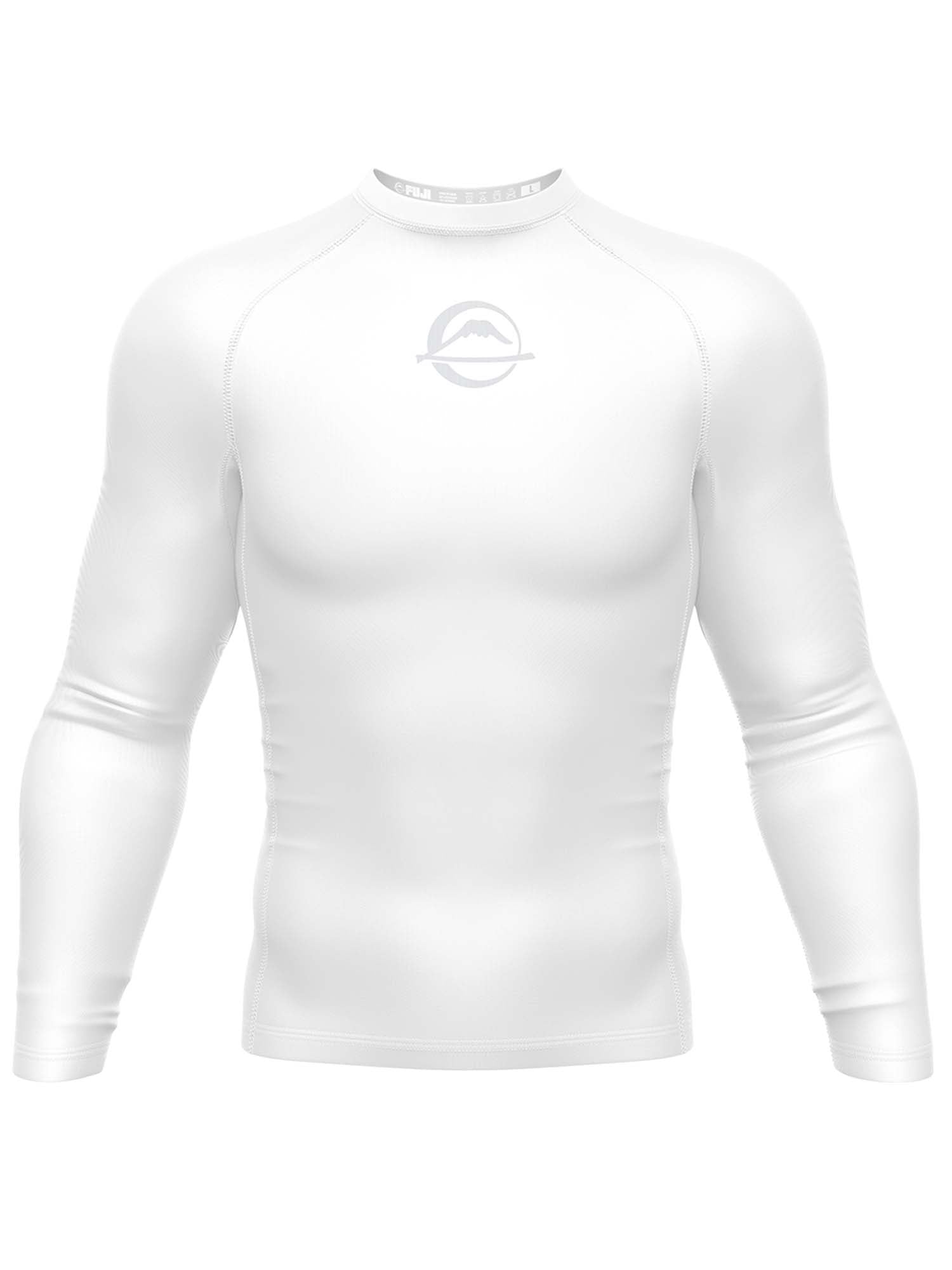 The Baseline Ranked Long Sleeve Rashguard White features a fitted, plain white design with a small light gray chest logo, no visible tags or patterns, and is shown on a featureless mannequin torso.