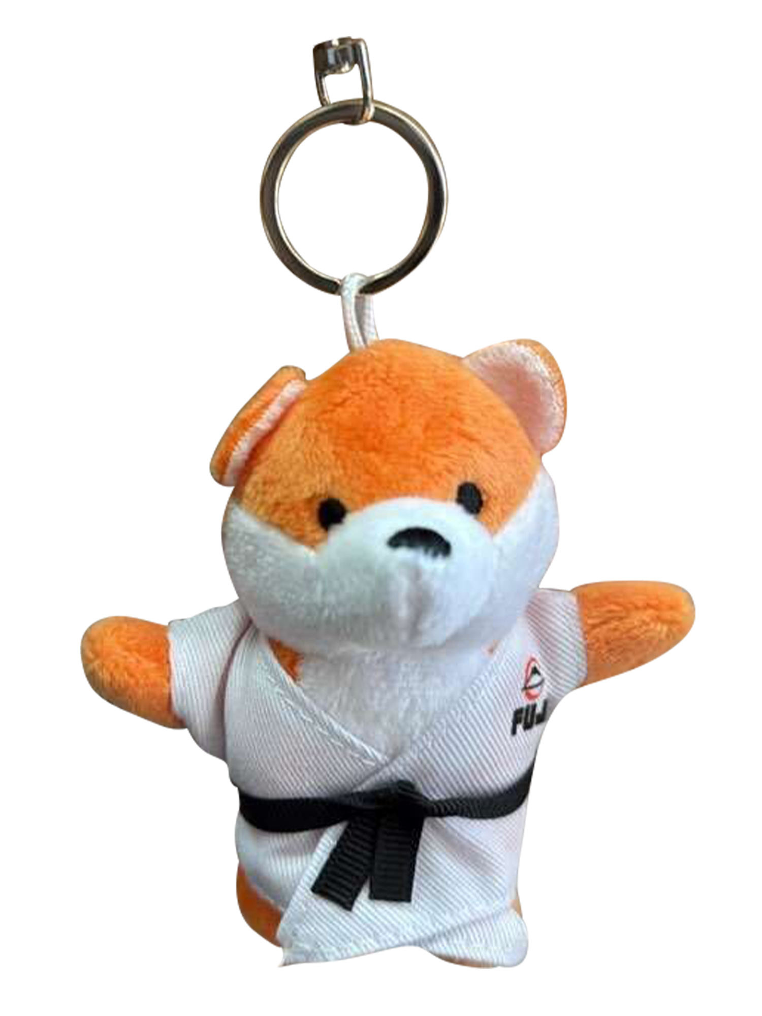 The Furry Beast Keychain is a plush orange and white dog wearing a white judo gi with a black belt and a FUJI logo on the left side.