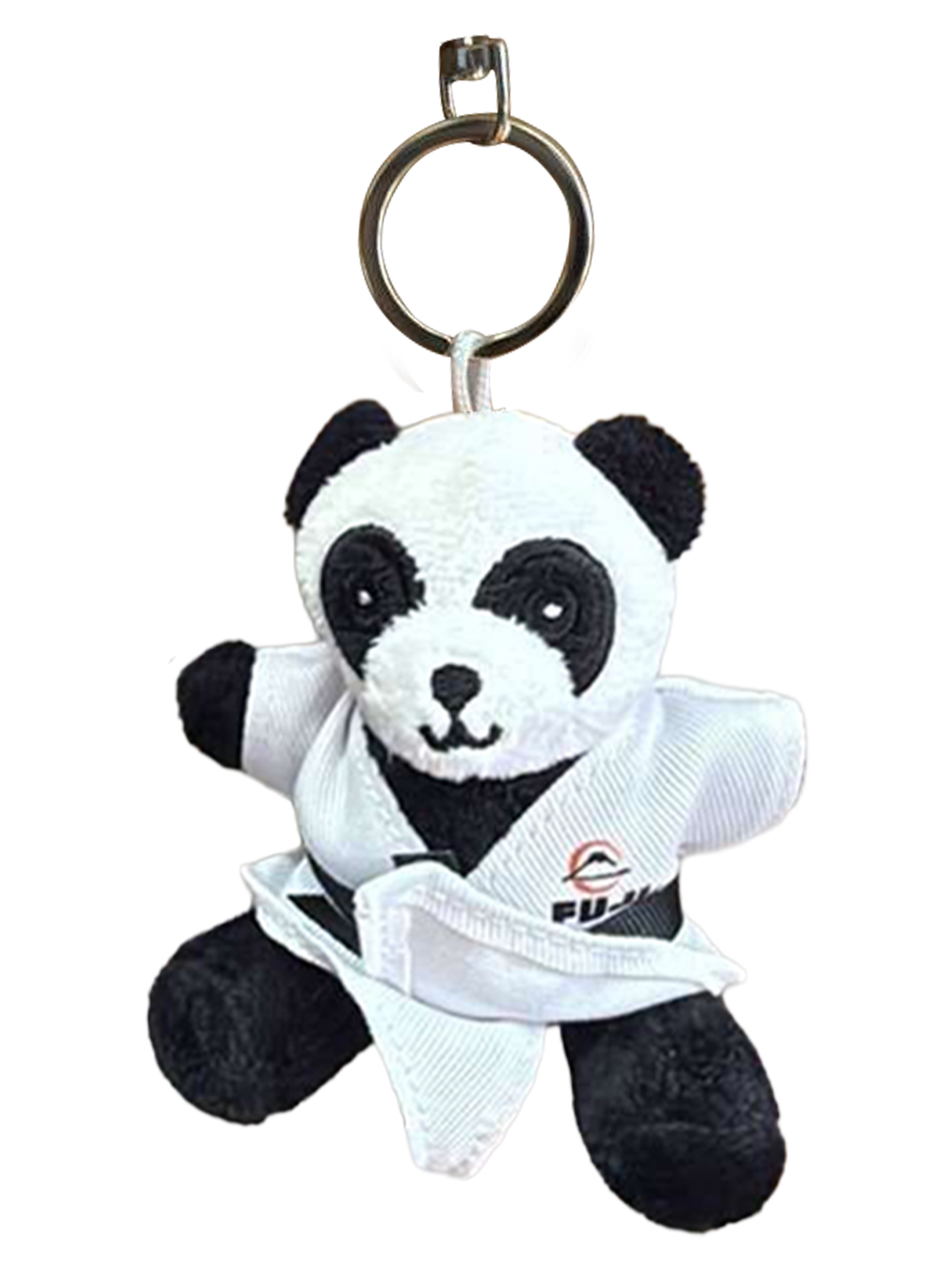 The Furry Beast Keychains feature a plush panda in a white martial arts uniform with a black belt and logo on the jacket, shown against a white background.