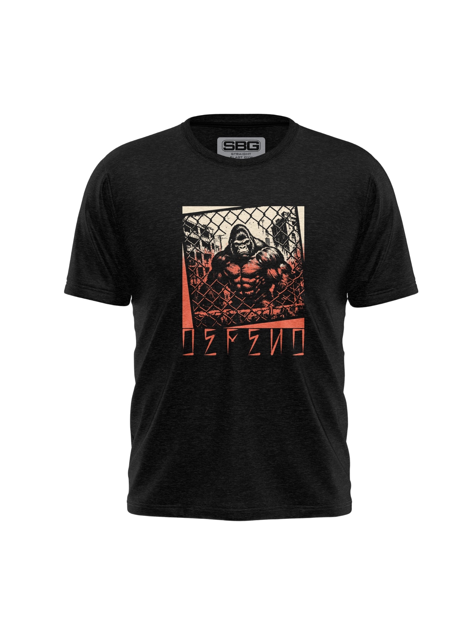 The SBG Defend Youth T-Shirt Black showcases a muscular gorilla illustration behind a chain-link fence in red and beige tones, finished with stylized text beneath the image.