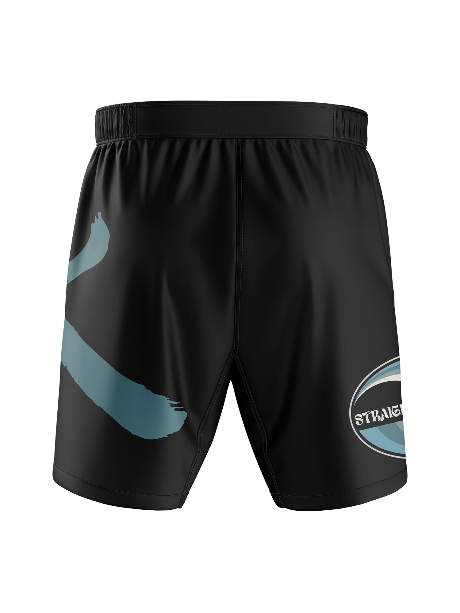 SBG Flow Like Water Shorts Black shown from the back, featuring a blue brushstroke design on the left side, an oval STAYLEG logo on the right leg, and an elastic waistband.