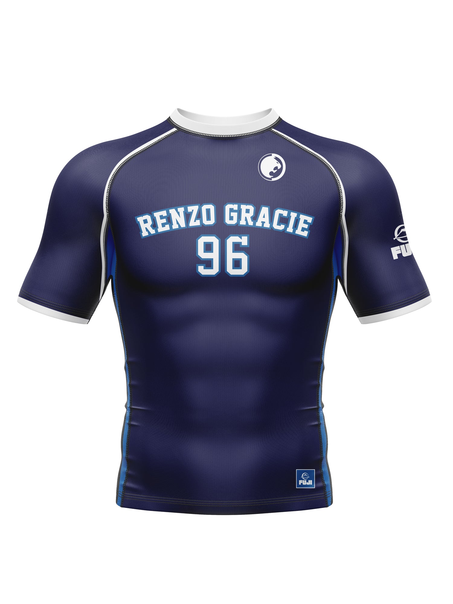 The Renzo Gracie '96 Jersey Short Sleeve Rashguard Blue features light blue RENZO GRACIE 96 on the chest, white-trimmed collar and sleeves, and Fila logos on the left sleeve and lower front.