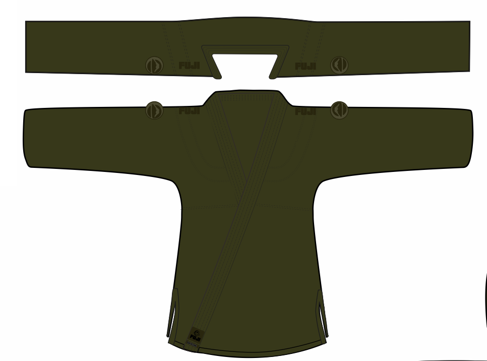 A digital illustration displays the Baseline 2.0 BJJ Gi in Military Green from both front and back perspectives, highlighting its flat silhouette, detailed stitching, and subtle logo accents.