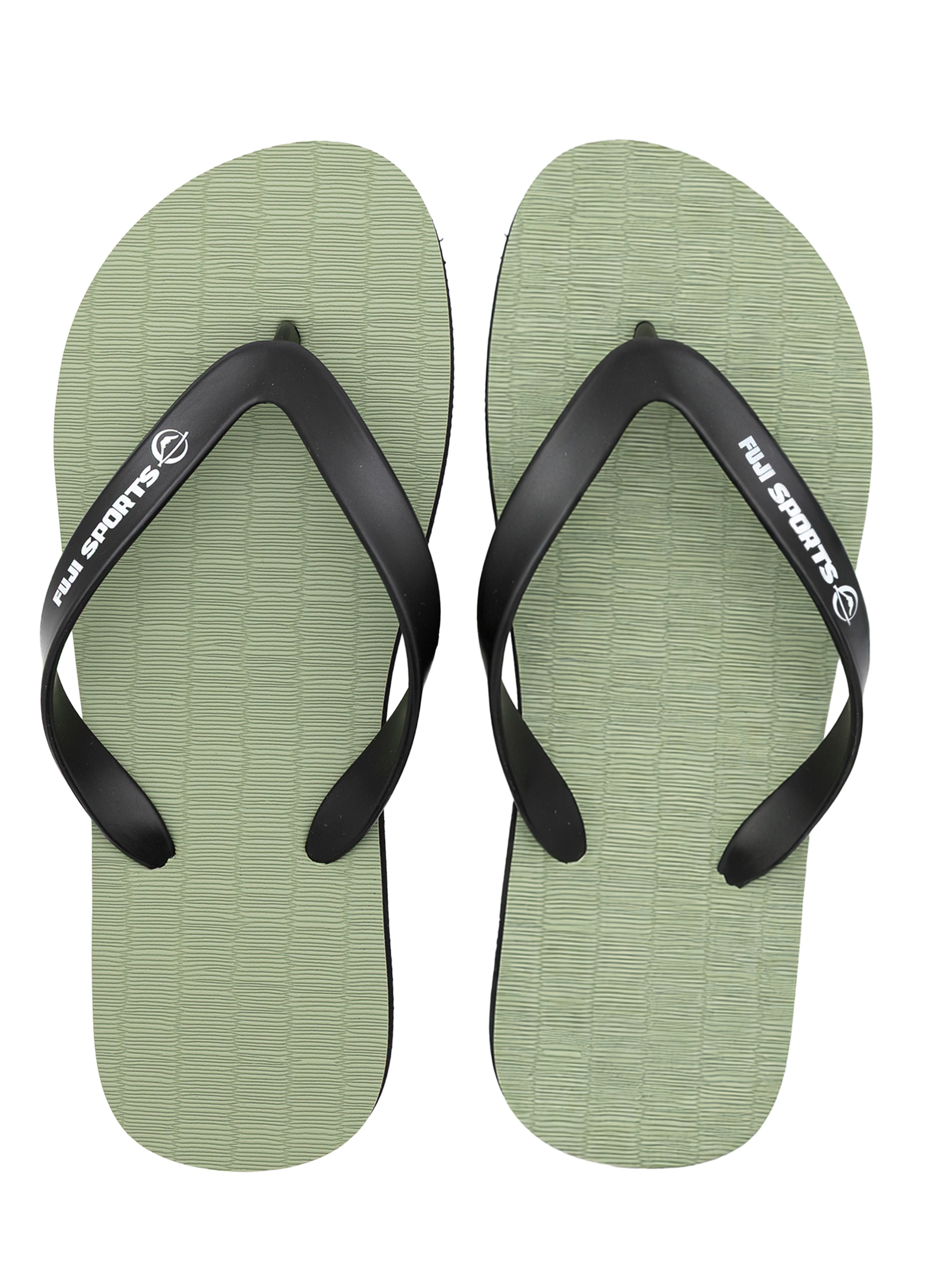 The FUJI Authentic Tatami Sandals Green feature light green textured soles and black straps with the FMJ SPORTS logo in white. The sandals are shown side by side from a top-down view.