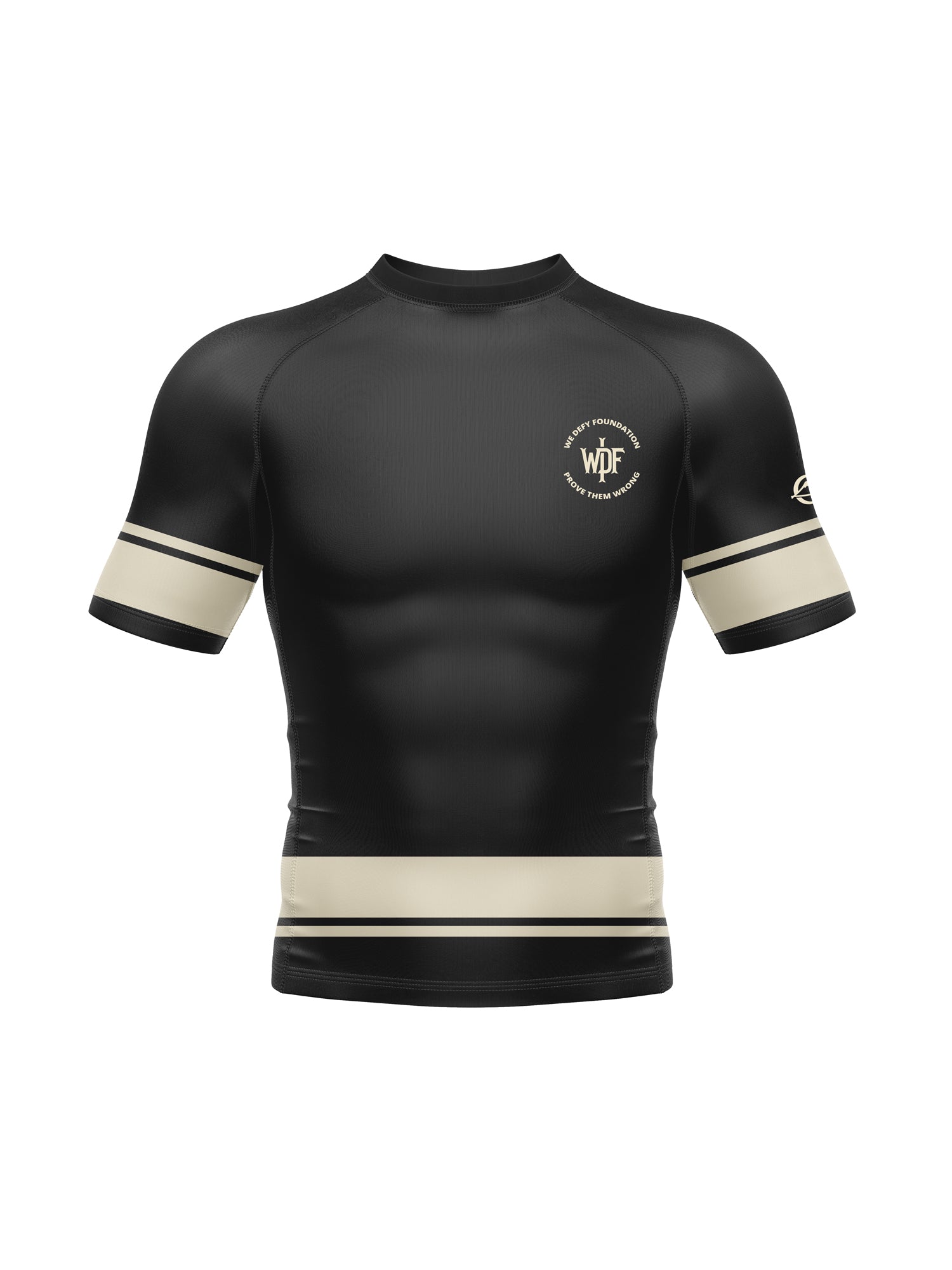 The We Defy Jersey Short Sleeve Rashguard Black is a black athletic shirt with beige sleeve and waist stripes, a small round "wpf" logo on the left chest, and an emblem on the left sleeve.