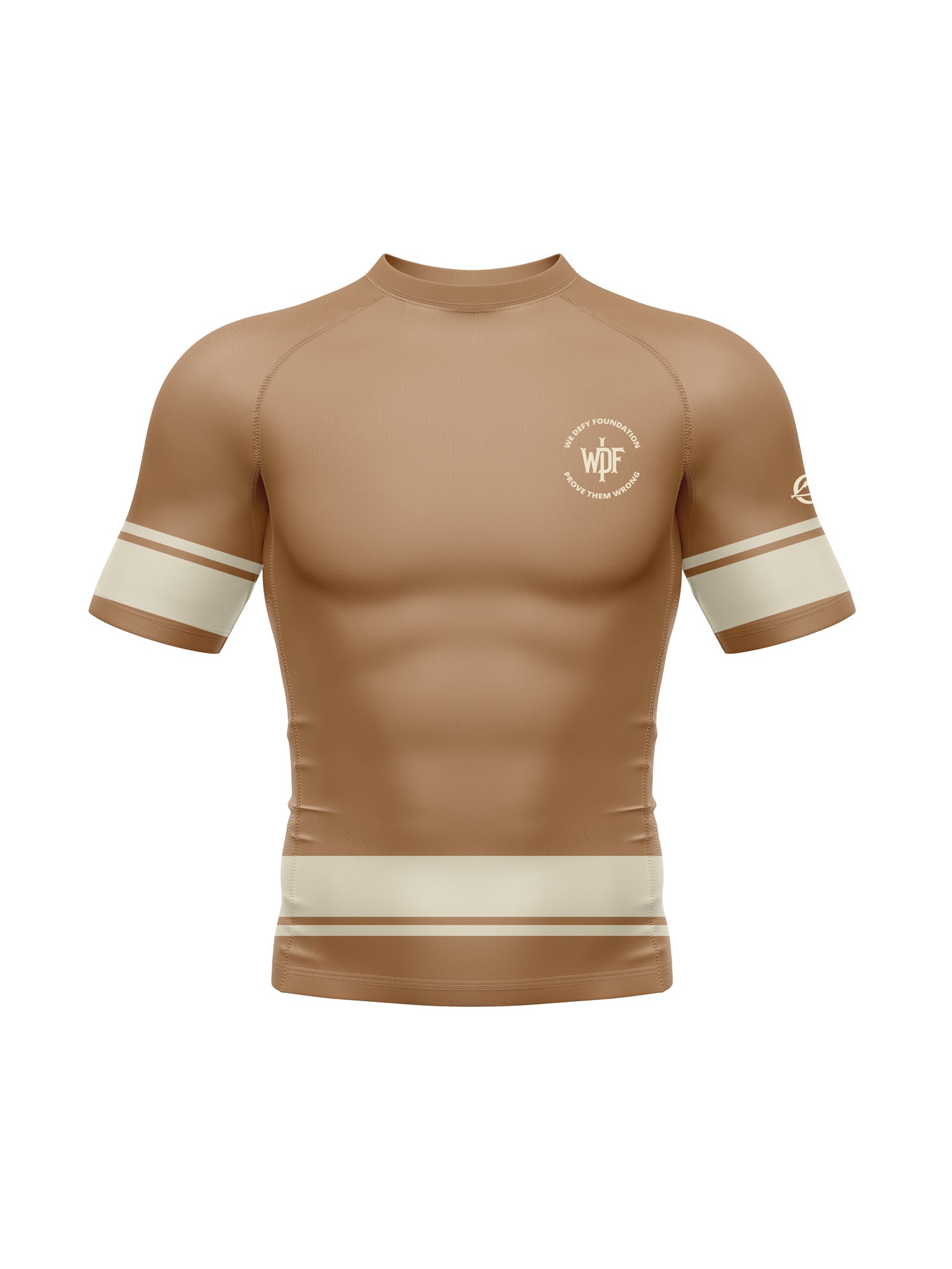 The We Defy Jersey Short Sleeve Rashguard Tan is a fitted, short-sleeved athletic shirt in light brown with beige stripes on the sleeves and waist, featuring a small white "wpf" logo and text on the left chest.