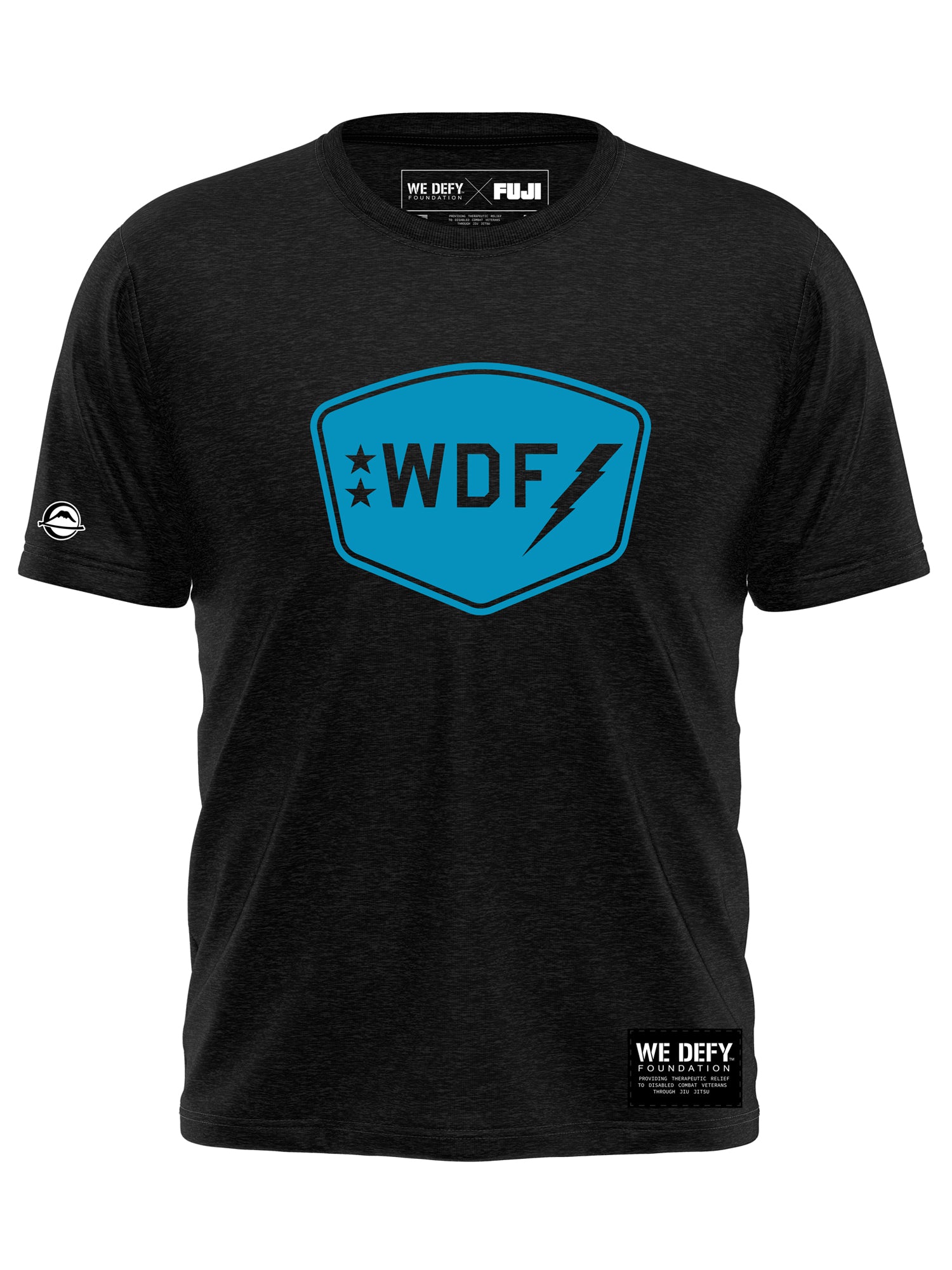 The We Defy Badge T-Shirt Black features a blue shield logo with "WDF," a lightning bolt, and three stars on the chest, plus WE DEFY branding on the neck, left sleeve, and lower hem.