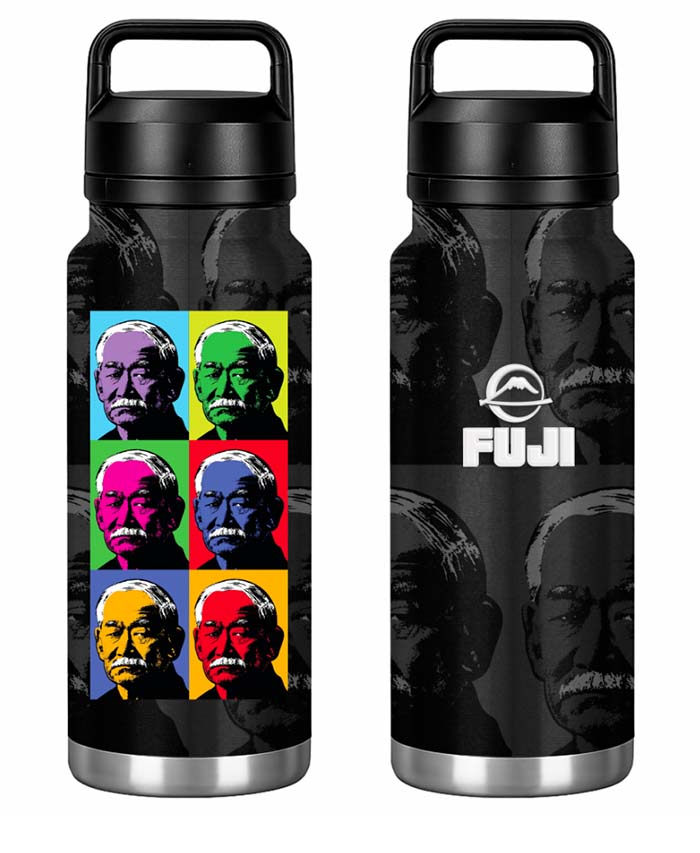 Two views of a black Kano Tumbler 26oz: one side features a six-panel pop-art portrait print in bright colors, and the other shows a repeating monochromatic portrait print with a circular logo and the word FUJI.