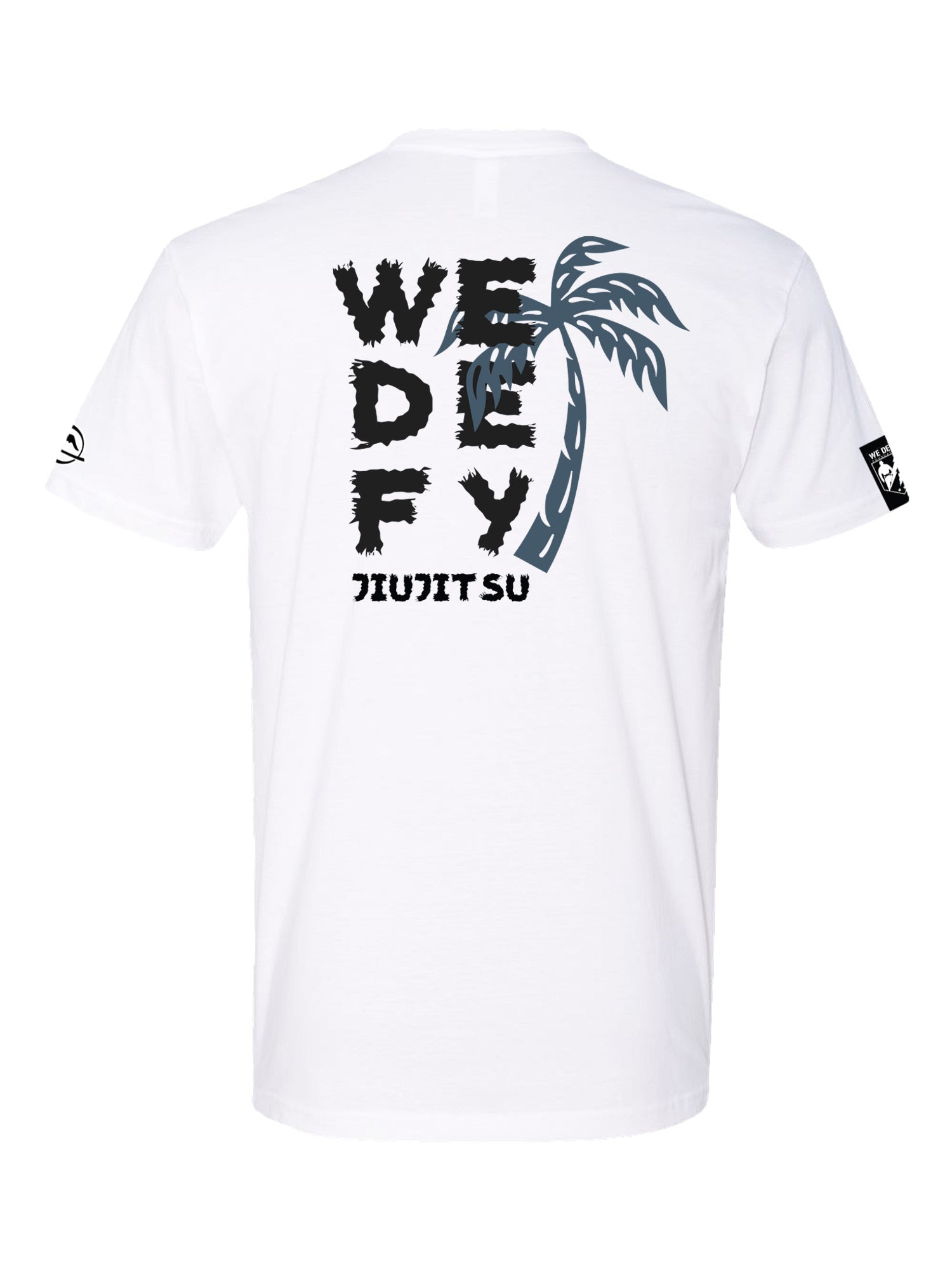 The We Defy Beach Vibes T-Shirt White features "WE DEFY JIU JITSU" in bold black letters on the back, partially covered by a gray palm tree graphic, with black logos on both sleeves.