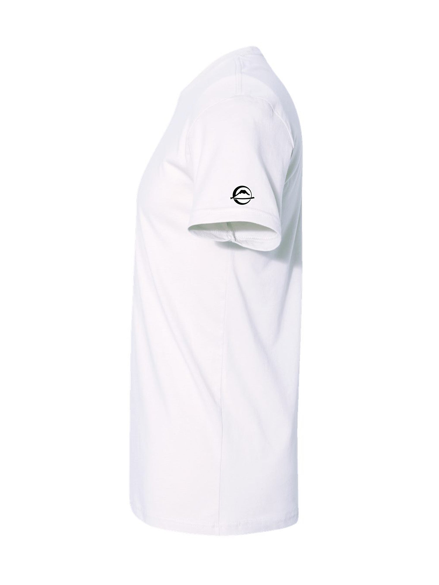 The We Defy Beach Vibes T-Shirt White is displayed from the side, featuring a small black circular logo on the upper sleeve against a plain white background.