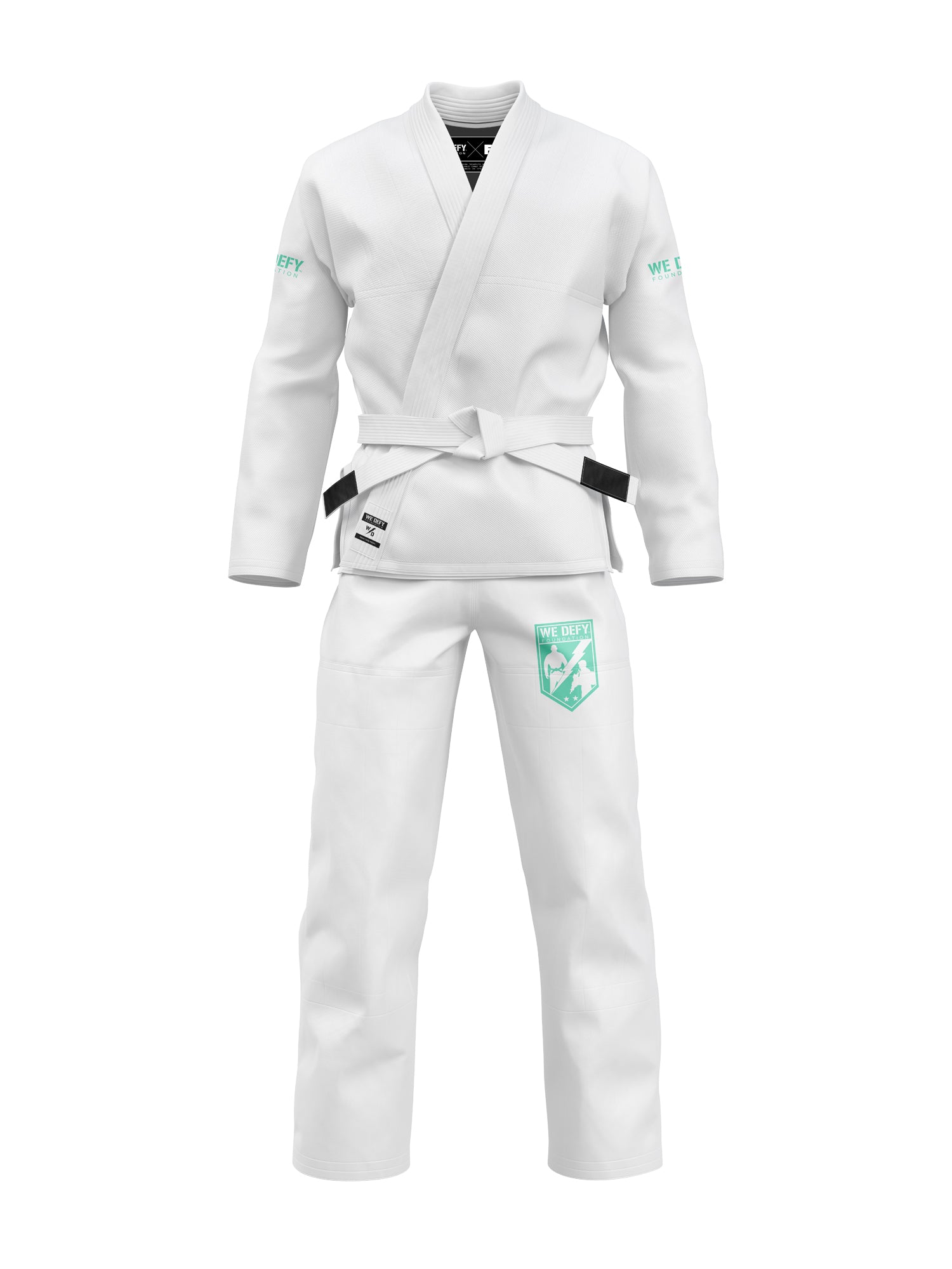 The We Defy Comp Standard BJJ Gi White comes with a belt and features green and black patches on the arms, chest, and leg. Displayed on a plain white background.