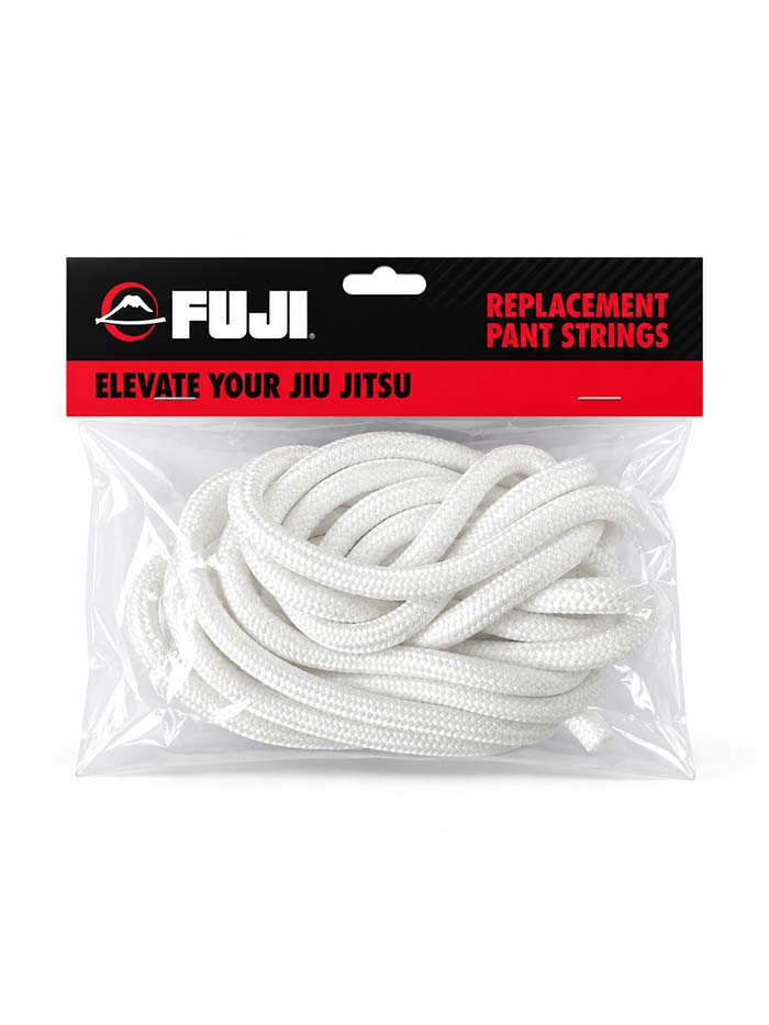 Coiled white Jiu Jitsu Replacement Pants String in a clear plastic retail bag with a header card.