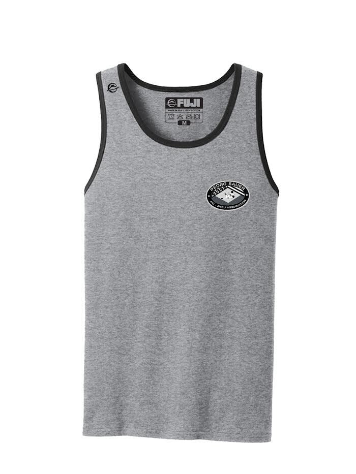 The Pedro Sauer Leverage Tank Top Gray features black trim on the neck and armholes, a small logo on the left chest, and additional branding inside the collar.