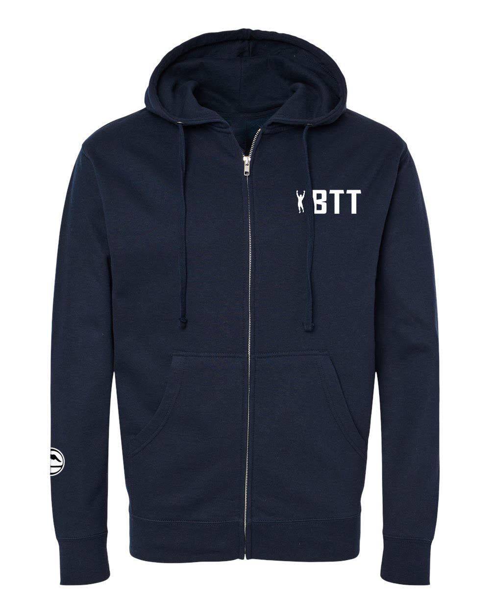 BTT Essential Zip-Up Navy hoodie in navy blue with a hood, front pockets, a small white logo on the left chest, and a circular emblem on the right sleeve.