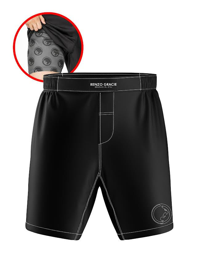 Renzo Gracie Ultimate Grappling Shorts Black feature white stitching, the Renzo Gracie logo on the waistband, and inner compression shorts with a repeating logo pattern shown in an inset image.