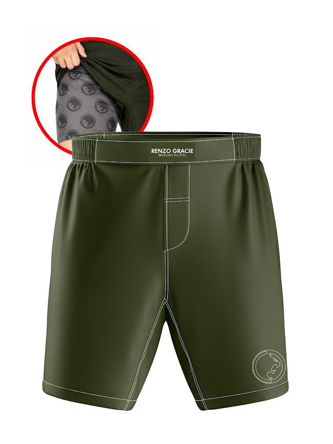 Renzo Gracie Ultimate Grappling Shorts Green: olive green athletic shorts with white stitching and a small circular logo on one leg. An inset shows the inner lining’s black circular pattern with a hand pulling the lining outward.