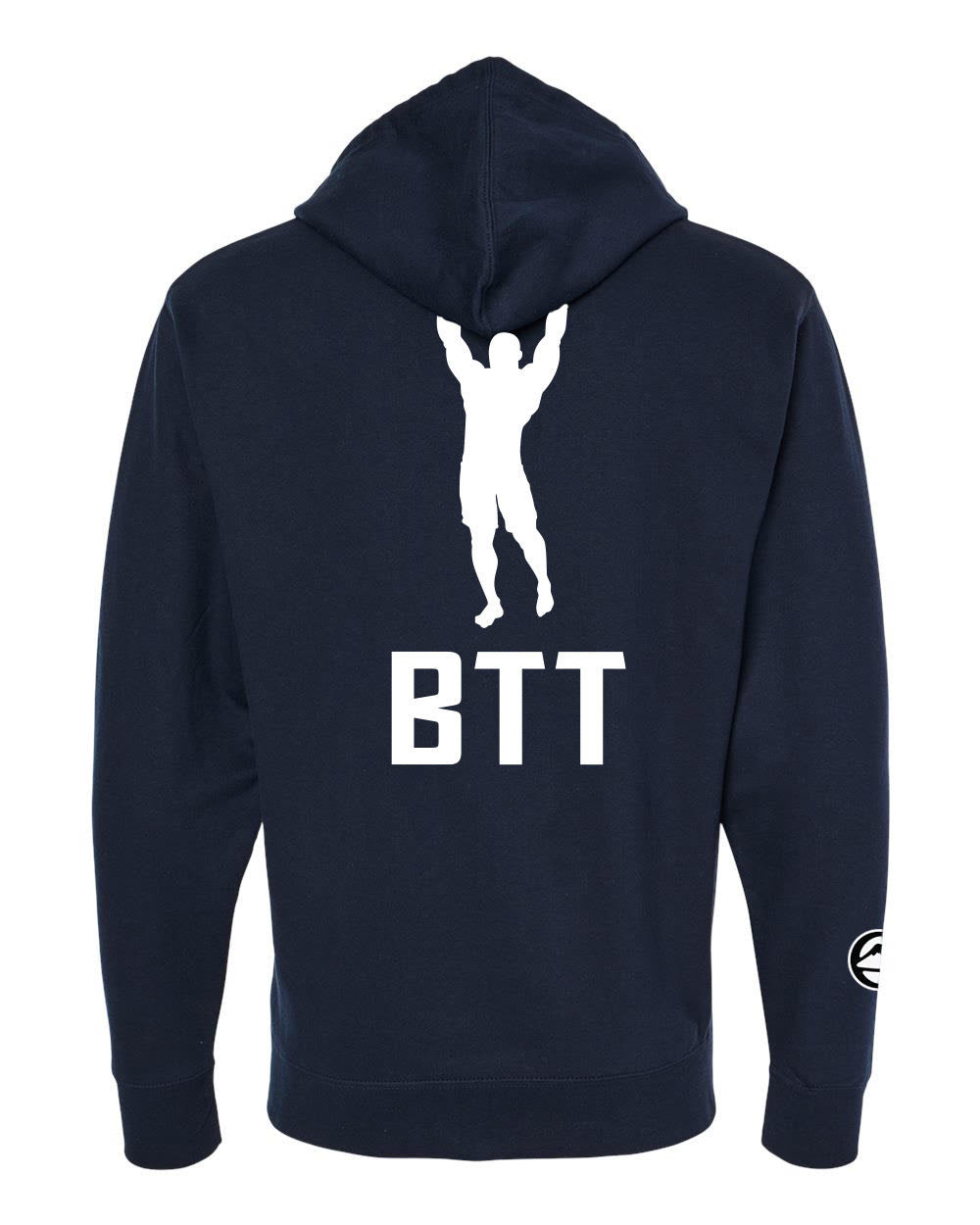 BTT Essential Zip-Up Navy hoodie in dark navy, featuring a white graphic on the back of a person with arms raised above the letters BTT.